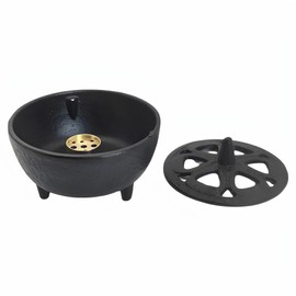 SECHUDO Small Cast Iron Incense Burner Holder, Home Decor, Bowl Design with Decorative Lid, Black Incense for Sticks, Resin, Cone Incense or Wax Melts