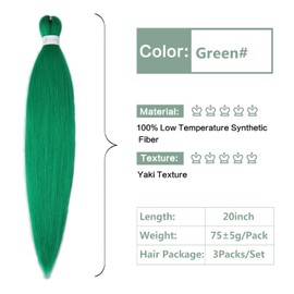 YDDM Pre Stretched Braiding Hair Braiding Hair Extensions Green Braids Extensions Hair 20 Inch 3packs Box Braid Hair Extensions Hair For Braiding Crochet Hair Braiding（20 Inch, Green#)