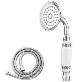 Maynosi Hand Shower Retro Nostalgia Shower Head with Ceramic Handle, Shower Head with Shower Hose and Teflon Tape, Metal Hand Shower, Replacement Rain Shower, Ceramic with Pattern, Chrome-B