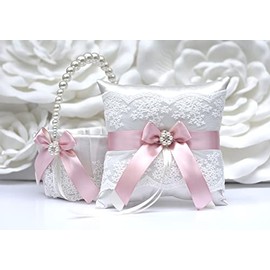Flower Girl Basket and Ring Bearer Pillow Set in Ivory and Dusty Rose Color