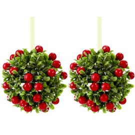 WILLBOND 2 Pieces Christmas Mistletoe Hanging Ornaments 5 Inches Mistletoe Kissing Ball Artificial Door Decor Pendants Green Leaves Red Berries Ornament Ball for Christmas Home and Party Supplies