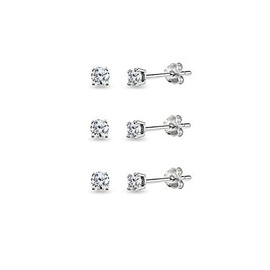 3-Pair Set Sterling Silver Cubic Zirconia 4mm Small Round Stud Earrings