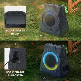NiceBuy 2-Pack Rock Speakers Outdoor Water-Resistant Solar Powered Patio Speaker with 3 Mode Lights and Pair System and USB Rechargeable for Pool Outside Garden Yard Deck