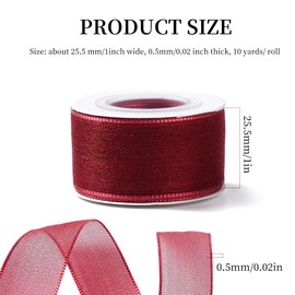 CABODYALS 25mm Dark Red Sheer Ribbon Christmas Wrapping Ribbon Trim Wired Transparent Chiffon Silk Ribbons Trimming with Spool for Gift Wrapping Wedding Invitations Bouquets Christmas Decor