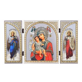NKlaus - Mother of God Worthy Is - Icon Triptych Christian - Travel Altar - Wooden 16958