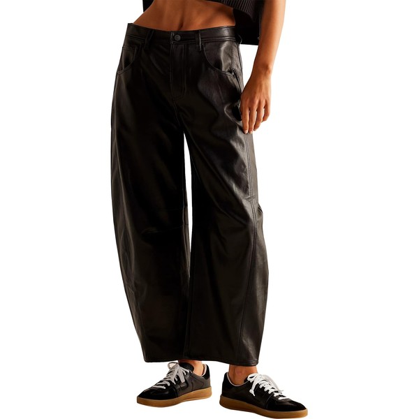 Women Faux Leather Pants Low Rise Baggy Barrel Jeans Wide