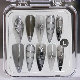 CAMILCY Handmade Nails Press on Almond Nail Pointed Green Gold Crystal Glitter Design Hand painted Reusable Gel UV Finished Pre shaped False Nails for Women 10pcs 3D Handmade Nails (A021, M)