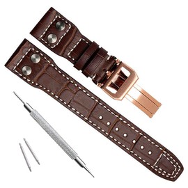 OliBoPo 22mm Genuine Leather Watch Strap Band fit for IWC PILOT'S Watchs (Gold Buckle/Brown)