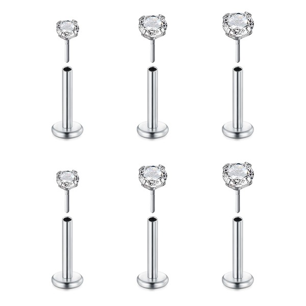 FECTAS 6pcs Threadless Push-In Cartilage Tragus Helix Piercing Jewellery Flat