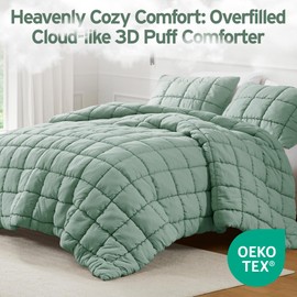 Intelligent Design Queen Comforter Set 3D Puff Overfilled Comforter for Queen Size Bed, All Season & Lofty Crinkled Quilting Queen Microfiber Bedding Set with Sham, Full/Queen, Sage 3 Piece