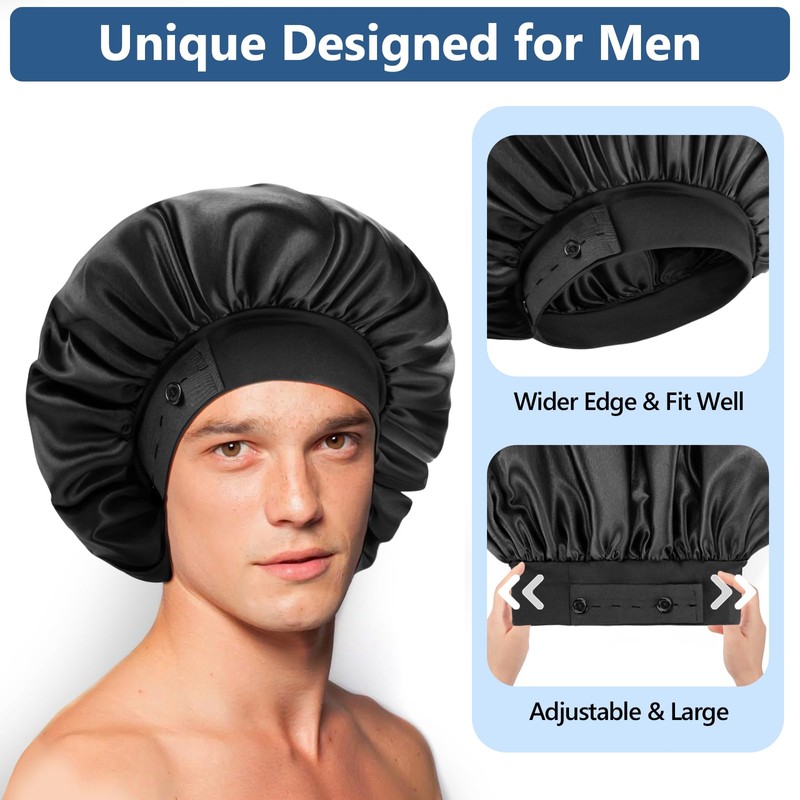Silk Bonnets for Men, Satin Bonnet for Sleeping, Adjustable Hem
