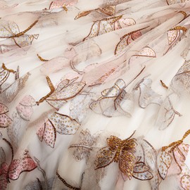 BENECREAT 160 cm Organza Fabric with Embroidery Dragonfly, 160 cm Wide Lace Fabric for Dress, Costume, Table, DIY, Craft, Curtain, Home, Vintage Decor, 0.5 mm Thick
