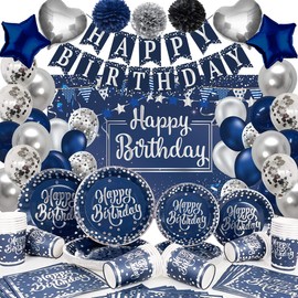 Navy Blue and Silver Birthday Party Supplies Serves 25 Guests Include Plates, Cups and Napkins, Navy Blue and Silver Balloons, Banner, Pompoms and Photography Backdrop for Birthday Decorations