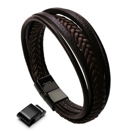murtoo Men's Bracelet, Stainless Steel, Genuine Leather Bracelet, Natural Stone Braided with Magnetic Clasp., Stainless Steel