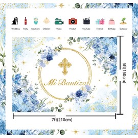 APDECCLK Mi Bautizo Backdrop First Holy Communion Baptism Christening Party Decorations Banner Blue Floral Glitter Gold Dot Newborn Baby Shower Photography Background Photo Booth Props (82x59 inch (7x5FT))