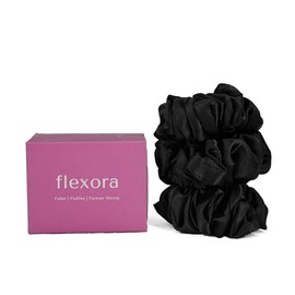 Flexora Silk Scrunchies for women- 3 Pack Satin Hair ties, No-Crease Flexible Ponytail Holders, Soft and Gentle on Hair, Ideal for All Hair Types (Midnight black-Midnight Black-Midnight Black)