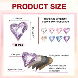 MECCANIXITY 15 Pcs 3D Heart Purple Nail Rhinestones 12x13mm K9 Glass Crystal Rhinestones Pointed Back Crooked Heart Gems for Nail Charm Art DIY Craft