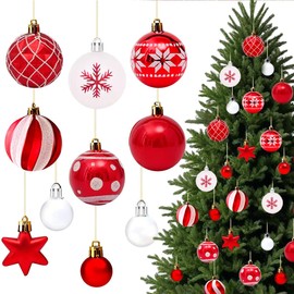 VOPIWOZ Pack of 42 Christmas Tree Baubles, Christmas Tree Decorations Red White Christmas Tree Baubles, 12 Pieces 6 cm and 28 Pieces 3 cm, 2 Pieces 5 cm Tree Decorations Christmas, Weatherproof