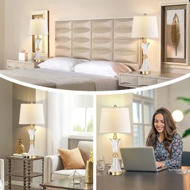 Touch Table Lamps for Bedroom Set of 2 Modern Living Room 3 Way Dimmable Gold Glass Bedside Nightstand Lamp for End Table with 2 USB Charging Port,2 Bulbs Included