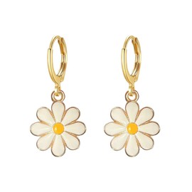Gold Daisy Huggie Hoop Earrings for Women Cute Daisy Drop Dangle Earrings Hypoallergenic Small Bohemian Enamel Flower Jewelry, Large, Metal Enamel, No Gemstone