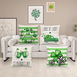 St Patricks Day Pillow Covers 18x18 Set of 4 Saint St Patricks Day Pillow Covers Decor green Shamrock Clover Lucky Truck Pillows Covers Cuchion Covers for March Holiday Home Outdoor Decorative 18inch