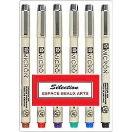 Sakura PIGMA Micron 05 Fineliner Pen, Ass't Colours, Set of 6, Black, Brown, Red, Green, Purple, Blue