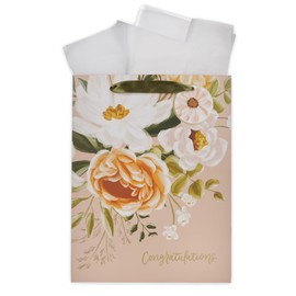 Christian Art Gifts Large Portrait Inspirational Gift Bag, Tag & Wrapping Tissue Paper Set for Women: Congratulations, Weddings, Anniversaries, Satin Ribbon Handles, Peach Pink/Gold Multicolor Floral