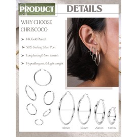 Chriscoco 3/4 Pairs of Hoop Earrings, Silver 925 Hoop Earrings, Gold Hypoallergenic Hoop Earrings, 14K Gold-Plated Earrings, Women's Lightweight Earrings, Silver 925 Hoop Earrings, Silver, No gemstone