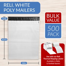 Reli. Reli. Poly Mailers 12x15.5 | 500 Pcs Bulk | Shipping Envelopes | White Packaging Bags for Shipping | Non-Padded Polymailers, Self Sealing Mailing Bags for Clothing, Bulk (White)