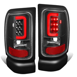 Auto Dynasty Full LED Tail Lights Lamps Compatible with 1994-2002 Dodge Ram 1500 2500 3500, C-Shape LED Stripe Bar Rear Brake Lamps, Driver and Passenger Side, Black Housing Clear Lens