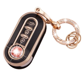 Koaudb Car Key Fob Cover Case Shell Fit for Fiat 500 500L Brava Bravo Fiorino Punto Panda Qubo Stilo Lancia 3 Buttons Flip Folding Key Case Shell with Keychain Black Gold (R-Fia-B)