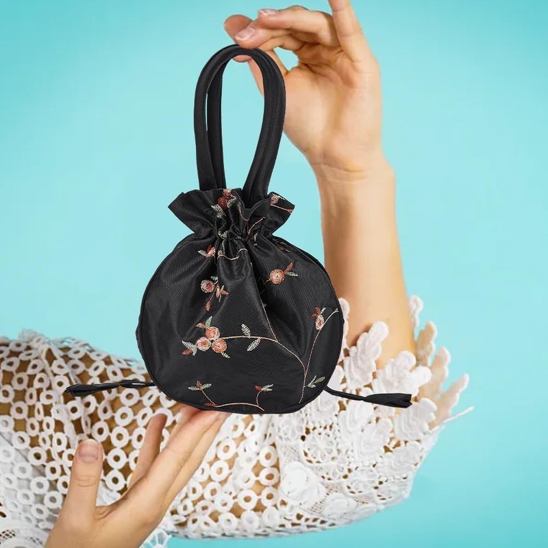 DELORIGIN Ethnic Style Flower Handbag Black Embroidered Drawstring Bags Jewellery