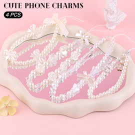 4 PCS Cute Phone Charms Aesthetic Y2K Cellphone Wrist Strap Bedazzling Flower Bow Butterfly Accessories ABS Imitation Pearl Beaded Anti-Theft Chain String for Bag Keychain Airpods Camera Decor
