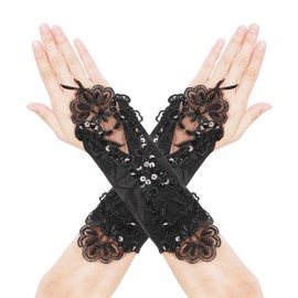 Lusofie Lace Satin Gloves Women's Elegant Fingerless Gloves Long Bridal Shower Prom Dress Opera 1920s Gloves Lace Soft Masquerade 20s Costume Women, black