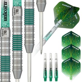 Unicorn Steel Tip Darts Set | Core XL T90 Series Style 2 | 90% Tungsten Barrels with Green Accents | 20 g