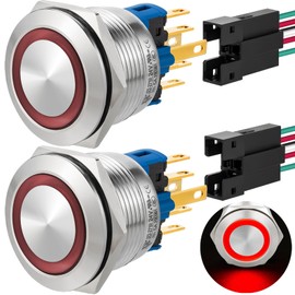 ZJWZJH Push Button Switch 22mm Momentary 24V Metal Power Button 1NO 1NC SPDT On Off Waterproof Industrial Switches with Wire Socket Plug 7/8" 2 PCS (Red, Momentary,24V)