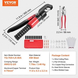VEVOR Hydraulic Crimping Tool with 9 Sets of  Dies AWG12-2/0 Copper And Aluminum Terminal Battery Lug Crimper, with a Cutting Pliers, Gloves, 10pcs Copper Ring Connectors, 8pcs Heat Shrink Sleeves - Crimping Range: Hydraulic Crimping Tool - AWG 12-2/0 (4