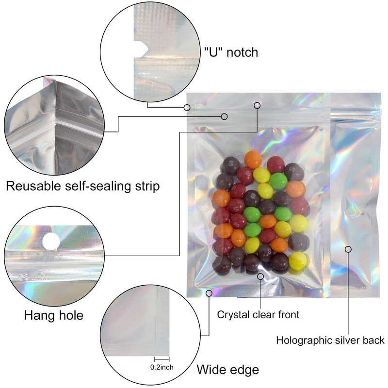 EgticLive 100 Pack Resealable Holographic Bags for Small Business, Iridescent