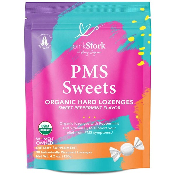 Pink Stork PMS Sweets: Lite Peppermint, 100% Organic, Organic Hard Candy, Natural Period Relief from Bloating, Cramping, Heavy Flow, Nausea Relief, Hormonal Migraine Relief, Women-Owned, 30 Lozenges