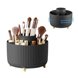 Lacusmall 360°Rotating Makeup Organiser Make Up Brush Holder, Makeup Organiser Rotating with 5 Compartments for Dressing Table Bedroom Bathroom Office, Black