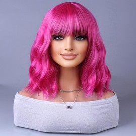 ANESHE Short Hot Pink Bob Wavy Wig for Women 14 Inches Short Curly Neon Pink Wigs with Bangs Shoulder Length Magenta Colored Wigs for Cosplay Party