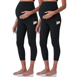 POSHDIVAH 2Pcs Women's Maternity Workout Leggings Over The Belly Pregnancy Yoga Pants with Pockets Soft Active Wear Work Pants Capri Blacks Small