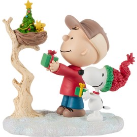 Precious Moments Peanuts Christmas Figurine | Charlie Brown and Snoopy Giving Woodstock A Gift Figurine | Peanuts Collectible | Holiday Décor & Gift | Hand-Painted