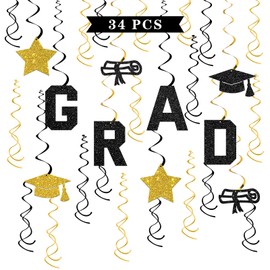 Maicaiffe Graduation Hanging Swirl Decorations - 34 Pcs Congrats Grad Party Supplies - 2024 Grad Streamers - College High School Graduation Foil Swirls Ceiling Decorations Black Glitter