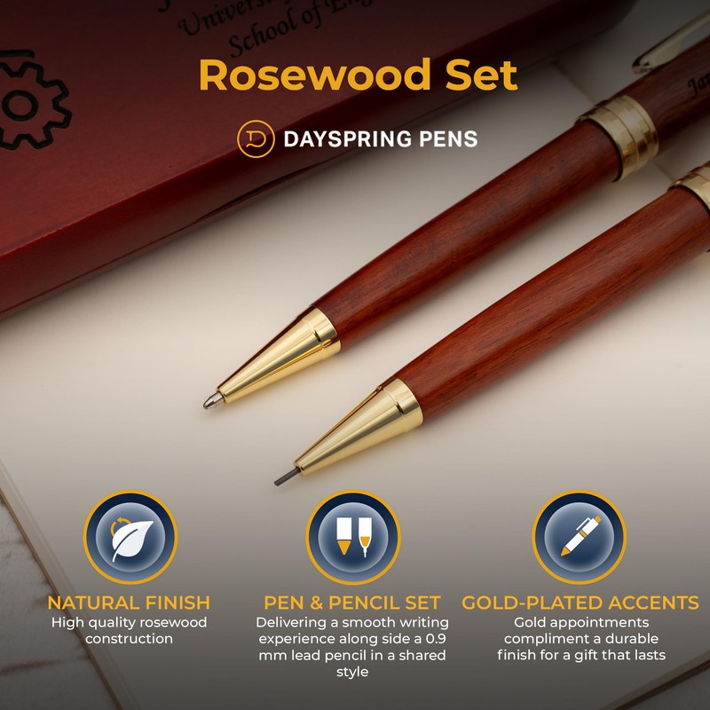 Rosewood Engraved Ballpoint Pen and Pencil Set with matching Wood