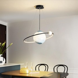 MinMinCheng Planet Kids Pendant Light – Blue Planet Glass Chandelier for Children’s Bedroom, 32W LED Dimmable Playroom & Study Room, Creative Space-Themed Hanging Fixture for Boys & Girls