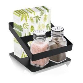 Napkin Holder, SHAIDOJIO Metal Napkin Holder with Salt and Pepper Shakers Caddy Modern Napkin Dispenser for Table Kitchen Countertop (Black)