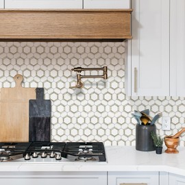 STICKGOO 10 Sheets Peel and Stick Backsplash, White PVC Mixed Metal Light Gold Kitchen Backsplash Stick on Backsplash Mosaic Tile for Fireplace, RV, 12x12inch