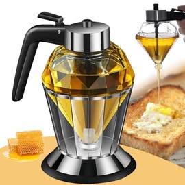 Honey/Syrup Dispenser -Premium No Drip Design, Elegant Diamond Shape with STAINLESS STEEL TOP,Clear Glass Honey Container（8oz）
