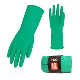 Vgo... 10-Pairs Reusable Household Gloves, Rubber Dishwashing gloves, Extra Thickness, Long Sleeves, Kitchen Cleaning, Working, Painting, Gardening, Pet Care (Size M, Green, HH4601)